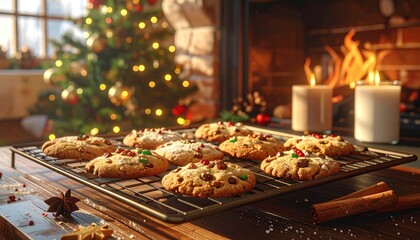 Fototapeta premium Freshly baked Christmas chocolate chip cookies cooling on a rack by a cozy fireplace and festive tree