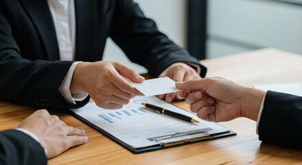 Fototapeta premium Business Partners Review Charts and Graphs During a Professional Meeting with Pens and Papers