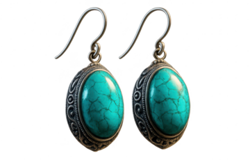 Elegant ornate vintage turquoise earrings isolated on transparent background.