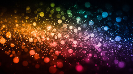 Abstract background with a vibrant cascade of rainbow-colored bokeh lights and sparkling glitter
