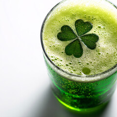 A vibrant green beer with a shamrock on top, symbolizing the festive spirit of St. Patrick’s Day, with a focus on Irish tradition.