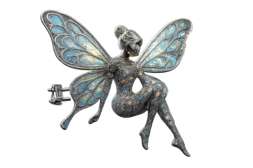 Ornate metallic fairy figurine with blue wings isolated on transparent background