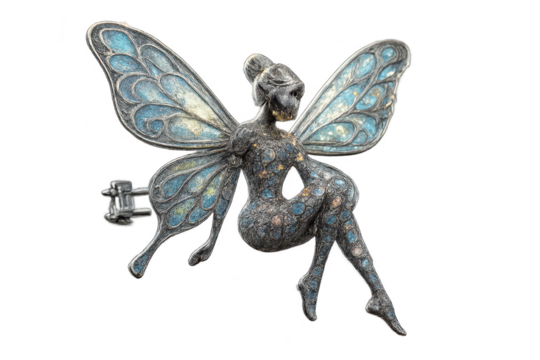 Ornate metallic fairy figurine with blue wings isolated on transparent background