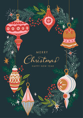 ヒイラギやポインセチアで装飾したクリスマスカード。フラットなデザイン。ベクター背景。
