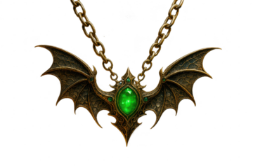 Ornate fantasy bat wings pendant with glowing green gem isolated on transparent background