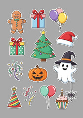 Fototapeta premium Cute Cartoon Holiday and Celebration Sticker Set