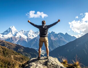 Fototapeta premium Man with arms raised atop a mountain
