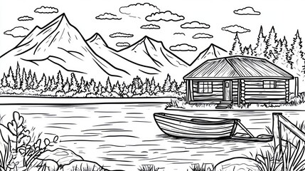 Mountain cabin lake scene illustration