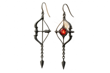 Elegant gothic bow and arrow earrings with a red gemstone, isolated on transparent background.