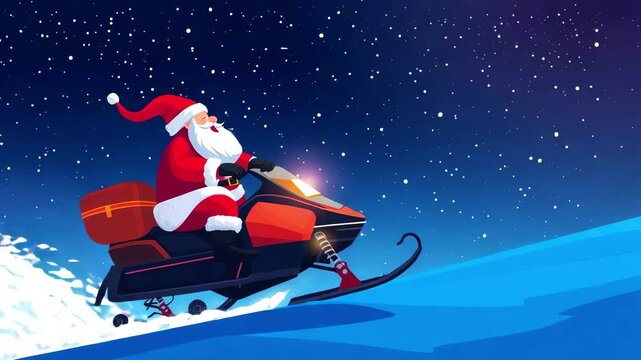 Santa Claus rides a snowmobile with headlights shining, along a road through snowy mountains, starry night sky background. Christmas Eve, kind Santa is in a hurry to give presents to the children