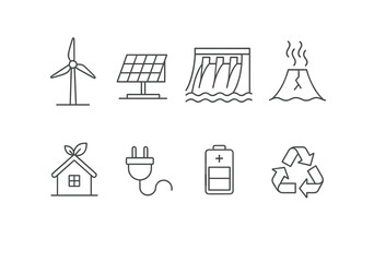 Renewable energy icons: wind, solar, hydro, geothermal, eco-housing, electric, battery, recycling