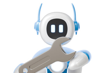 3d robot with wrench icon. maintenance and automation concept. Minimal cartoon blue white chatbot holding metal spanner tool for app UI and service support isolated on white background. 3d render.