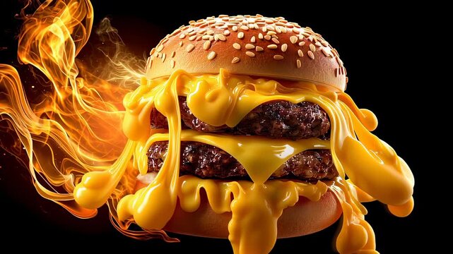 Juicy double cheeseburger with melted cheese and flames creating a dynamic cooking action. Dark background enhances vibrant colors of food. Concept of fast food, restaurants, culinary arts