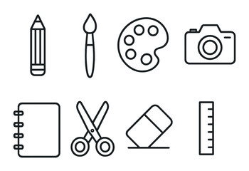 Art tools icon set featuring pencil brush palette camera notebook scissors eraser ruler