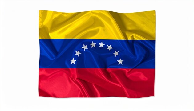 The flag of Venezuela waving proudly photorealistic fabric folds white background with soft natural shadows