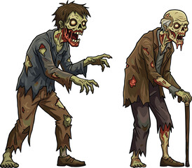 Fototapeta premium PrintCartoon zombie characters, creepy undead monsters, scary Halloween illustration, horror vector design, spooky walking dead artwork, evil ghoul drawing