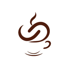 Elegant brown coffee cup logo with an artistic swirl of steam forming a unique symbol. Minimalist vector illustration icon for a cafe or hot beverage brand