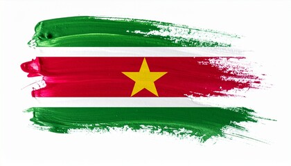 The flag of Suriname painted abstractly in bright acrylic tones white background with artistic expression

