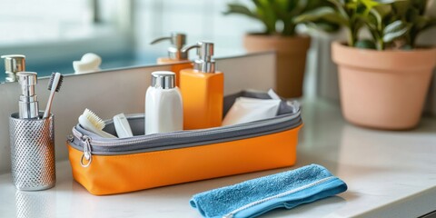 A gray bathroom vanity holds an orange storage case filled with toiletries. A white soap dispenser, a silver toothbrush holder