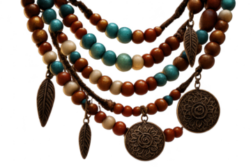 Boho multi-strand bead necklace with metal charms, isolated on transparent