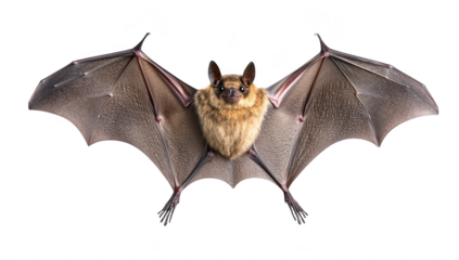 A close-up view of a bat with outstretched wings. its detailed fur and wing structure. set against a clean white background. ideal for educational and wildlife-related content