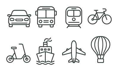 Transportation icons set: car, bus, train, bicycle, scooter, ship, airplane, balloon