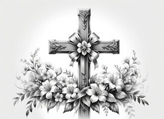 Ornate gothic cross with floral mourning arrangement in monochrome grayscale illustration