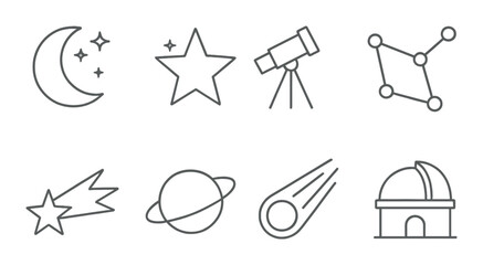Astronomy icons: moon, stars, telescope, constellation, comet, planet, observatory