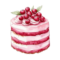 A beautifully decorated pink cake with layers. topped with fresh red berries and green leaves. set against a simple white background. perfect for dessert-themed celebrations or culinary art