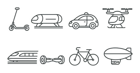 Futuristic transport icons: scooter, hyperloop, car, helicopter, train, hoverboard, bicycle, blimp