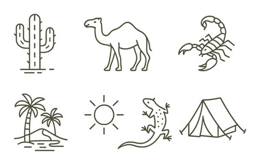Desert symbols: cactus, camel, scorpion, island, sun, lizard, tent illustrations