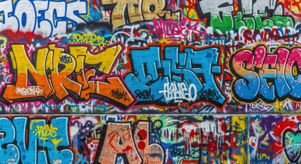 Naklejka premium Graffiticovered wall with various colorful tags styles and overlapping layers