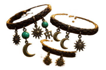 Bohemian braided leather bracelets with mystical sun, moon, and turquoise charms, isolated on transparent background.