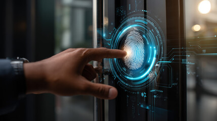 User Unlocking Smart Glass Door with Fingerprint Technology Interface
