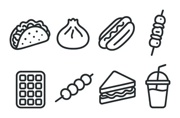 Monochrome outline of various food icons including hotdog and dumpling