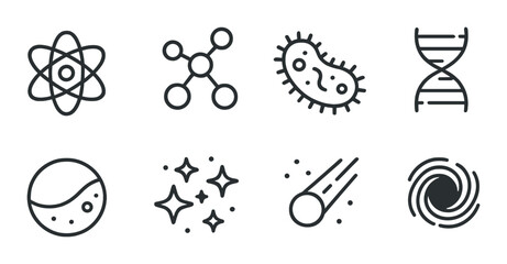 Scientific icons: atom, molecule, bacteria, dna helix, planet, stars, comet, galaxy spiral