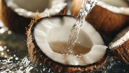 Close-Up Of Coconut Halves Receiving Fresh Water Being Poured Into One Of Them. A Detailed Shot Capturing The Hydration Process.