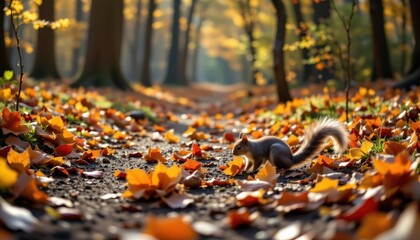 Autumn Squirrel on Golden Forest Path with Vibrant Fall Leaves