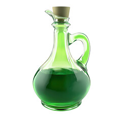 A beautifully crafted green glass jug filled with green liquid. positioned elegantly against a soft white background. perfect for culinary or decorative uses