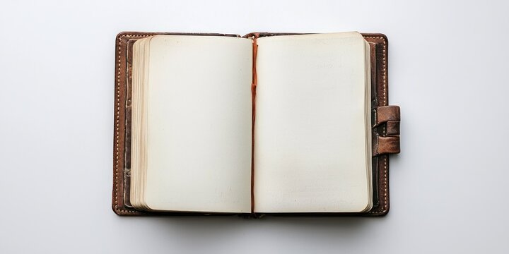 An open, vintage leather-bound journal rests on a white surface. The journal's pages are blank and slightly yellowed, suggesting age and use. - Powered by Adobe