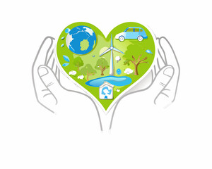 Hands holding a heart shaped world with sustainable elements