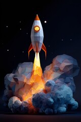LowPoly 3D Rocket Launch Detailed View of a Futuristic Spacecraft Taking Off