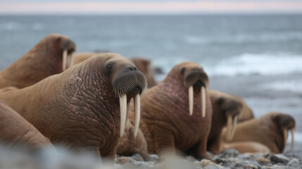 Fototapeta premium A group of walruses lounges on a rugged Arctic beach, showcasing their impressive tusks.