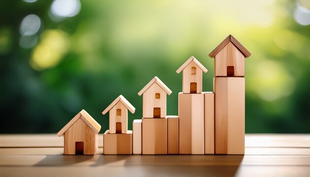 wooden blocks forming an upward trend graph symbolizing increasing house values against a blurred green backdrop