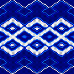 Knitted Diamond Pattern Texture in Blue and White. Seamless Geometric Knit Background. Indigo and Azure Fair Isle Cross-Stitch Design. Sweater Texture. Woven Texture Pattern.  Knitted Winter Fabric. 