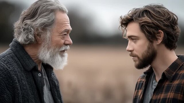 Father and Son Outdoor Field Affectionate Look Shows Family Affection