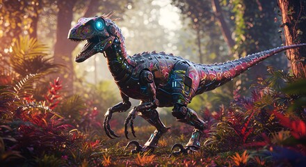 A robotic velociraptor stands amidst lush foliage in a vibrant and detailed forest environment setting scene