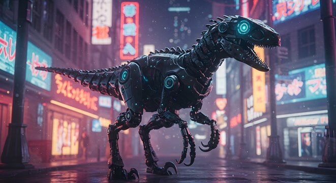 A robotic velociraptor  standing in a futuristic city with neon lights and a wet reflective street surface - Powered by Adobe