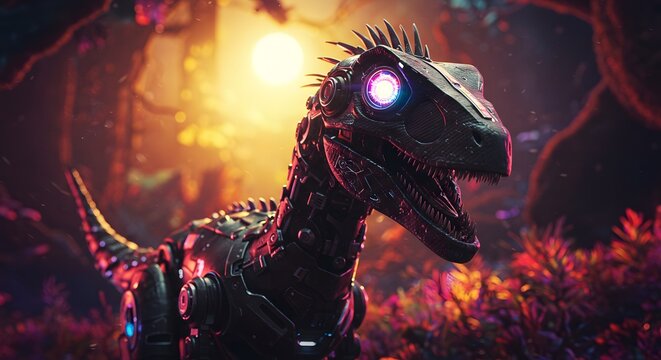A robotic velociraptor  with glowing eyes stands in a vibrant forest under a bright celestial light source