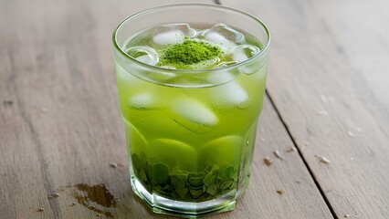 Iced Moringa tea from daun kelor (Moringa oleifera) leaves, served cold with ice cubes, dried leaves, and green powder. Refreshing organic herbal superfood beverage.